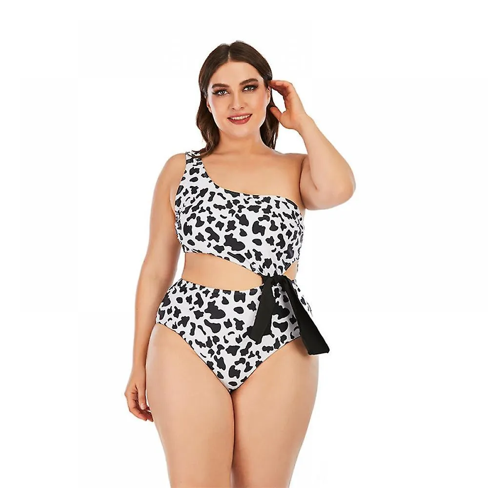 Sexy Oversize 1-shoulder Leopard High-waist 1-piece Bikini, Hollow Out, Black Rope Decoration, for Holiday, Spa (XXXL)