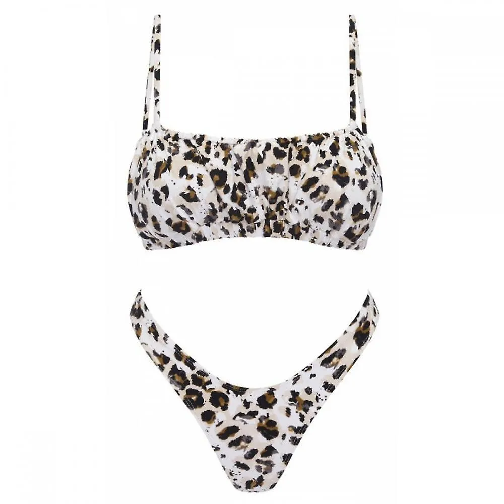 Traje de baño con tirantes plisados Sexy Leopard Print Bikini Chinlon Mujer de 2 piezas, adecuado para pecho pequeño (M)