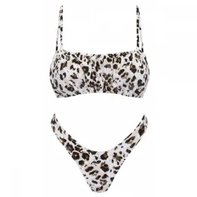 Traje de baño con tirantes plisados Sexy Leopard Print Bikini Chinlon Mujer de 2 piezas, adecuado para pecho pequeño (M)