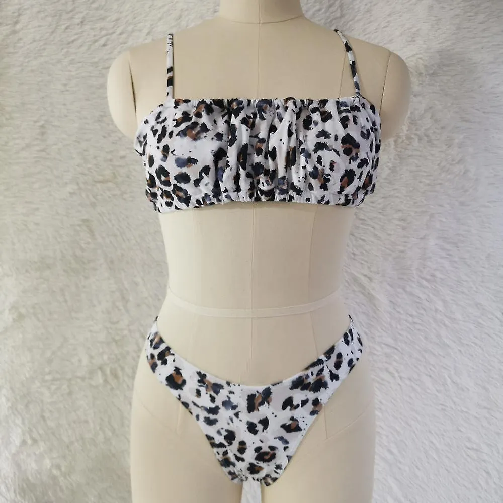 Traje de baño con tirantes plisados Sexy Leopard Print Bikini Chinlon Mujer de 2 piezas, adecuado para pecho pequeño (M)