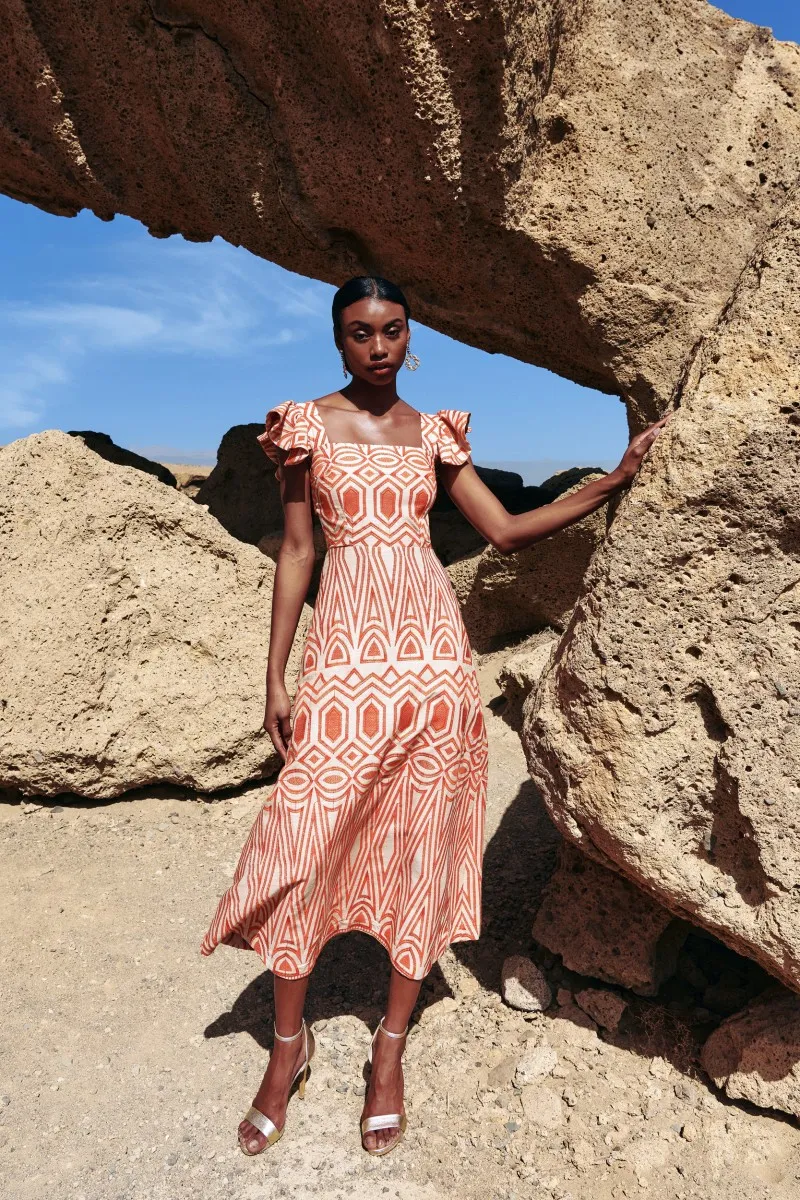 Vestido lino estampado etnico beige y naranja Túnez