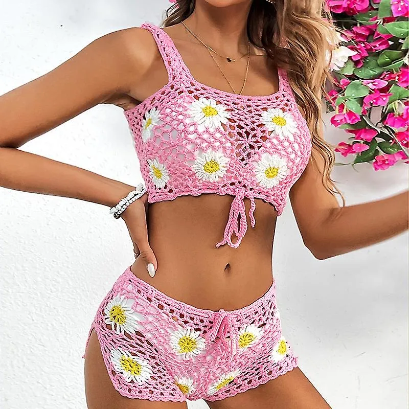 Womens Crochet Daisy Bikini Bathing Suit 2 Piece Cover Ups Short Set Pink