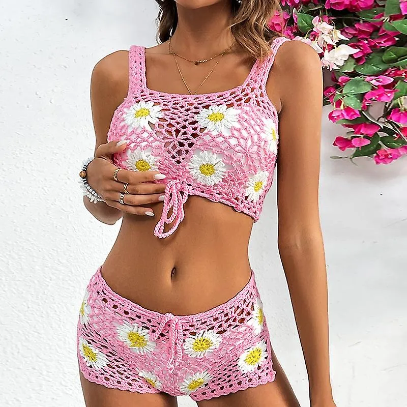 Womens Crochet Daisy Bikini Bathing Suit 2 Piece Cover Ups Short Set Pink