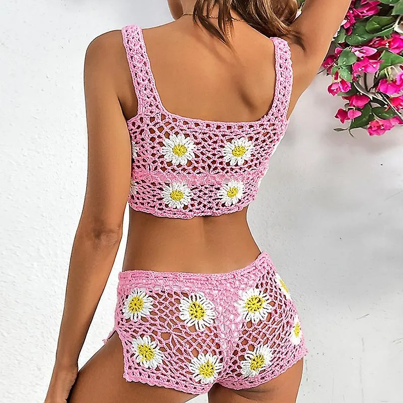 Womens Crochet Daisy Bikini Bathing Suit 2 Piece Cover Ups Short Set Pink